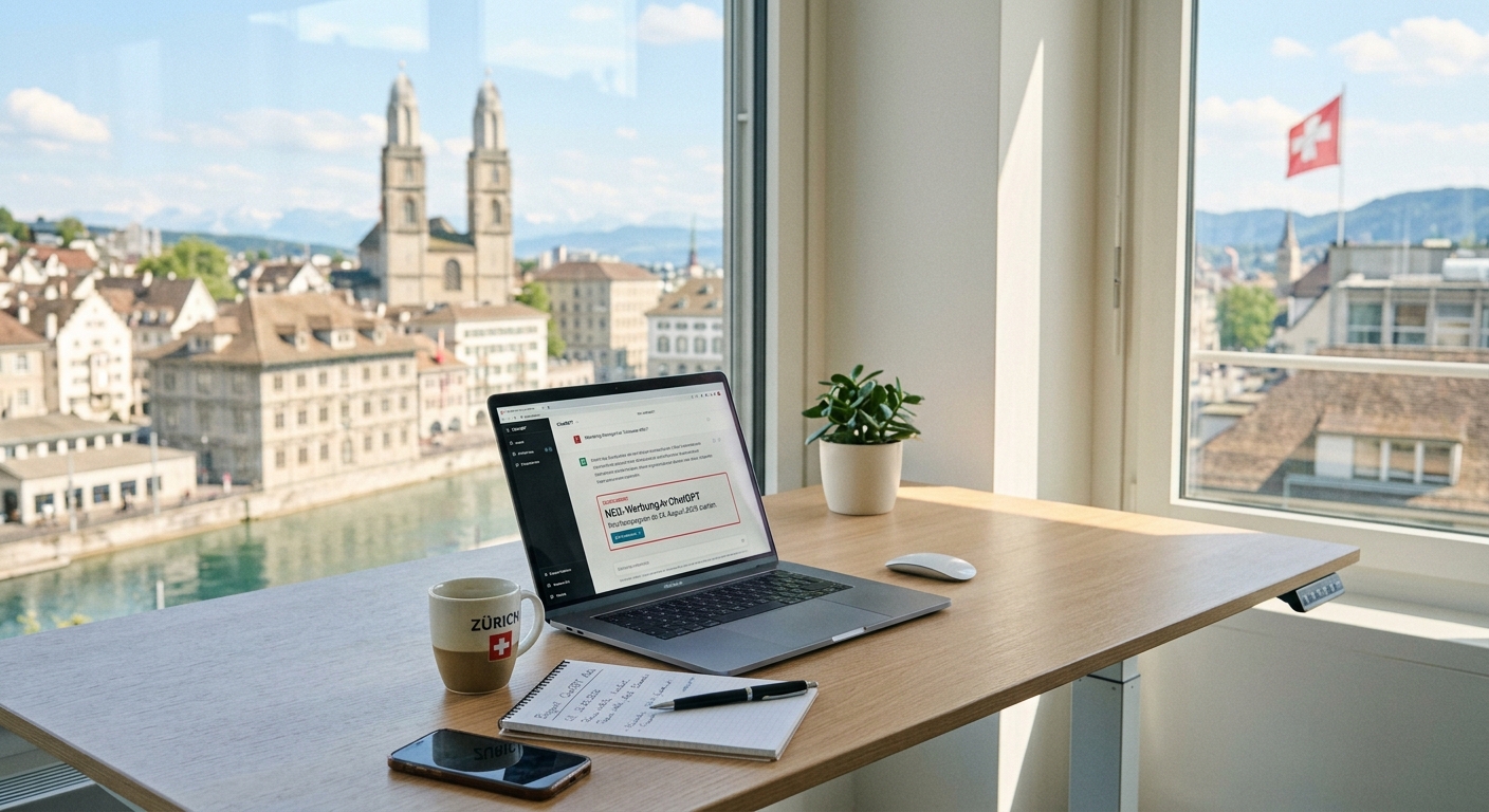 Ein Laptop auf einem Schreibtisch mit dem Ausblick auf Zürich im Hintergrund. Auf dem Laptop ist eine Werbung auf ChatGPT zu sehen.