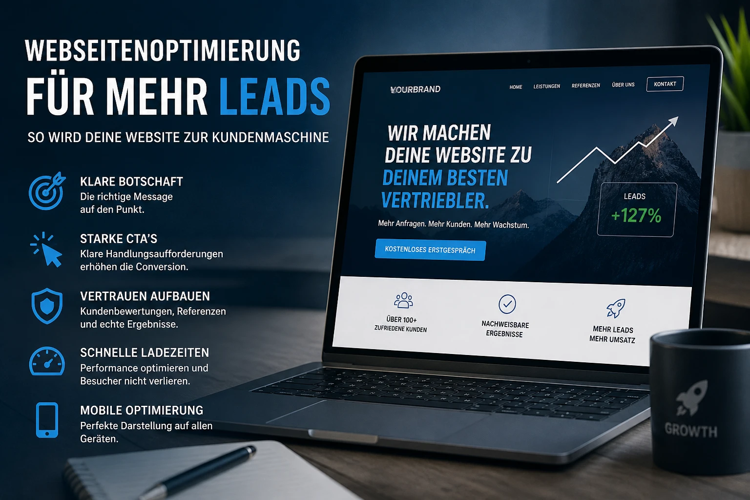 Ein Laptop mit einer positiven Kursentwicklung auf einem Schreibtisch zum Theme Webseitenoptimierung für mehr Leads der drafted GmbH, Werbeagentur im Zürcher Oberland.